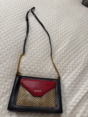 DKNY Black Crossbody Bag with Red Flap and Snake-Print Panel